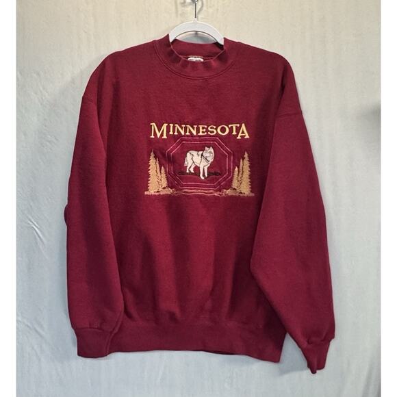 Vintage 90s Minnesota Embroidered Wolf Crewneck Maroon Heavy Fleece Shirt Sz XL - Picture 4 of 8